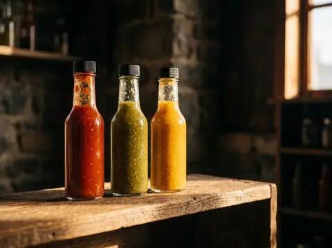 Editorial photo: three unlabeled glass hot sauce bottles on a shelf