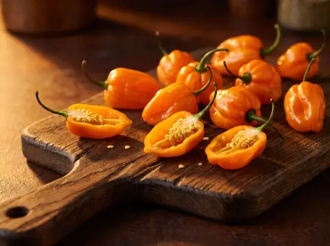 Editorial photo: ripe orange habanero peppers on a wooden board